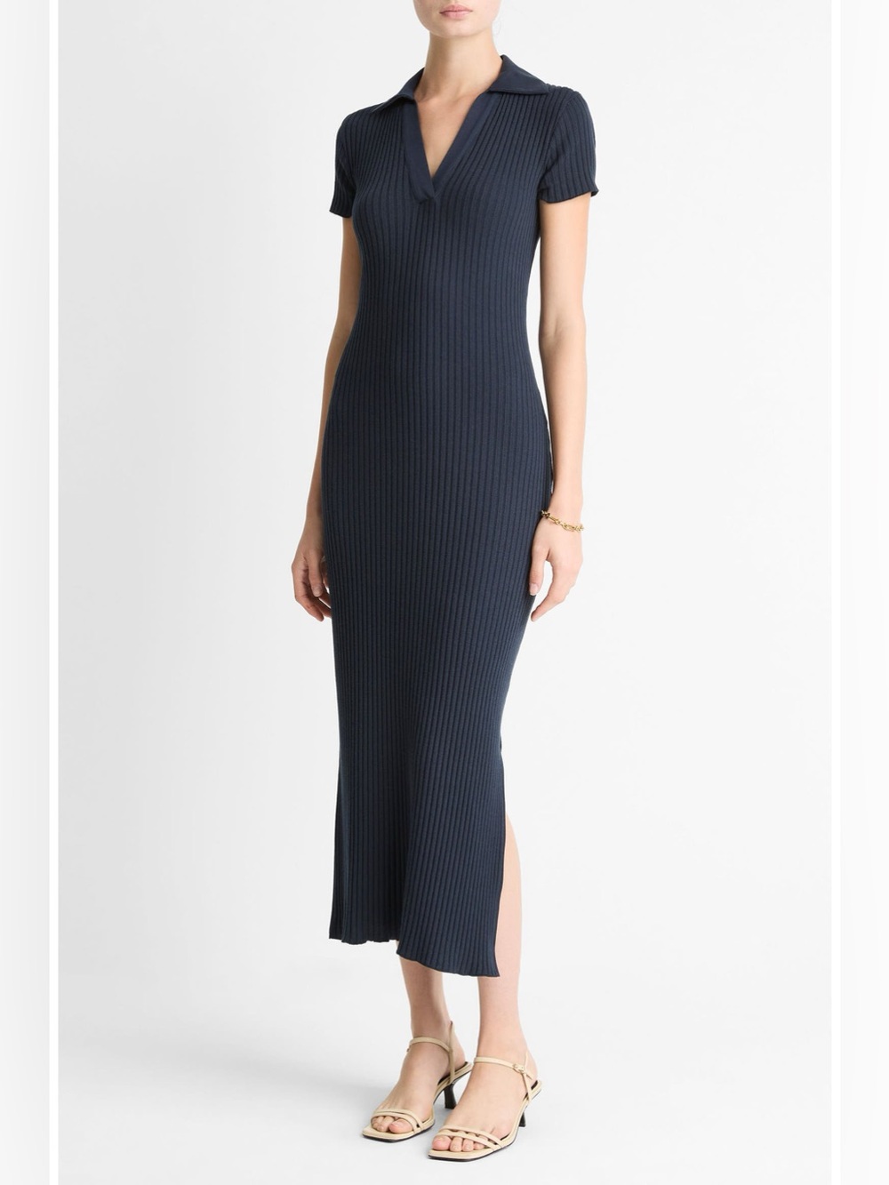 Vince EUC Rib Polo Black Midi Dress Sz Large